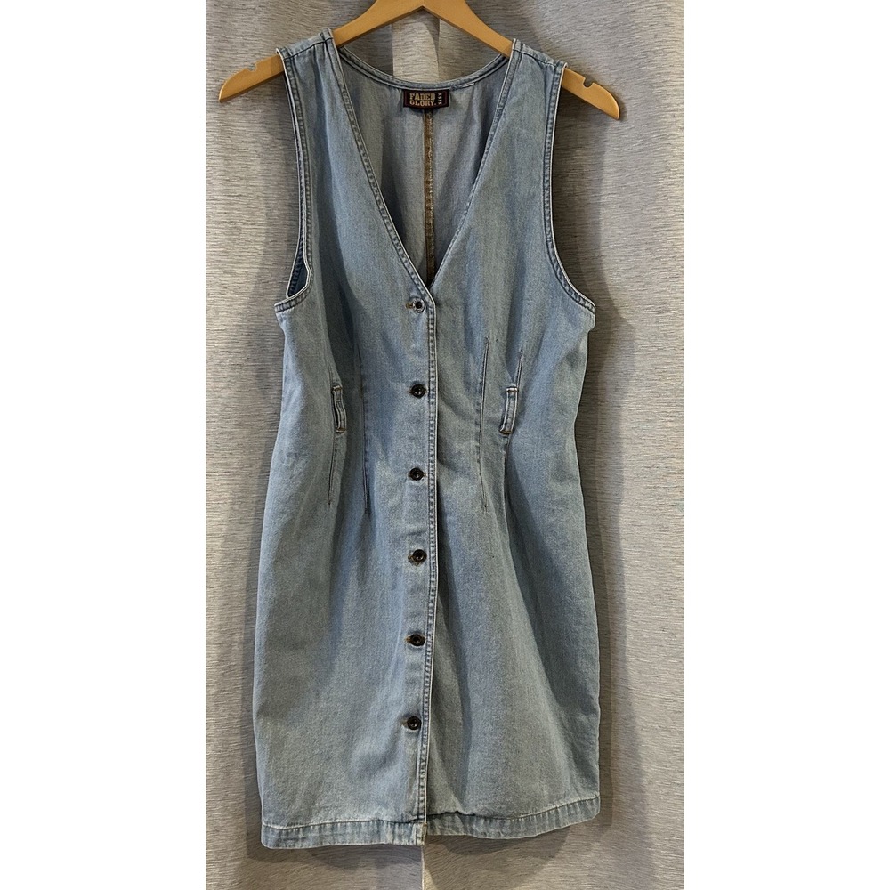 Vintage‎ 90's Faded Glory Jumper Dress Women's Blue Denim Cotton No Belt